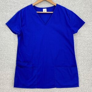 B Scrubs Top Womens Large Blue Nursing Vet Medical Uniform Short Sleeve Pockets